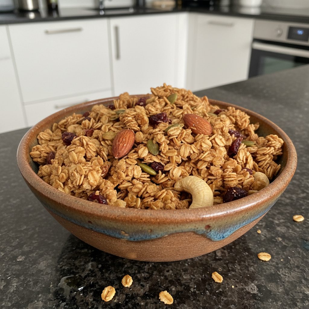 A stack of fluffy pancakes topped with banana slices, almonds, chia seeds, and maple syrup, served with a glass of orange juice.