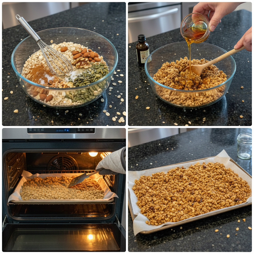 Mixing healthy granola ingredients in a large stainless steel bowl.