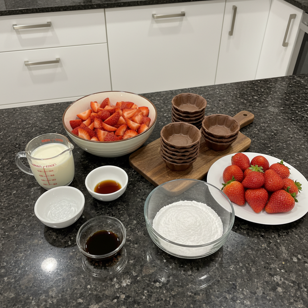 Ingredients for heart shaped strawberry mousse, including fresh strawberries and cream.