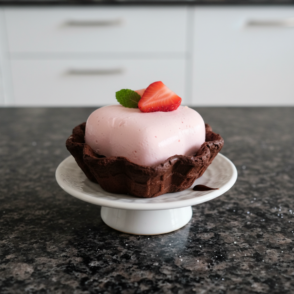 A stack of fluffy pancakes topped with banana slices, almonds, chia seeds, and maple syrup, served with a glass of orange juice.