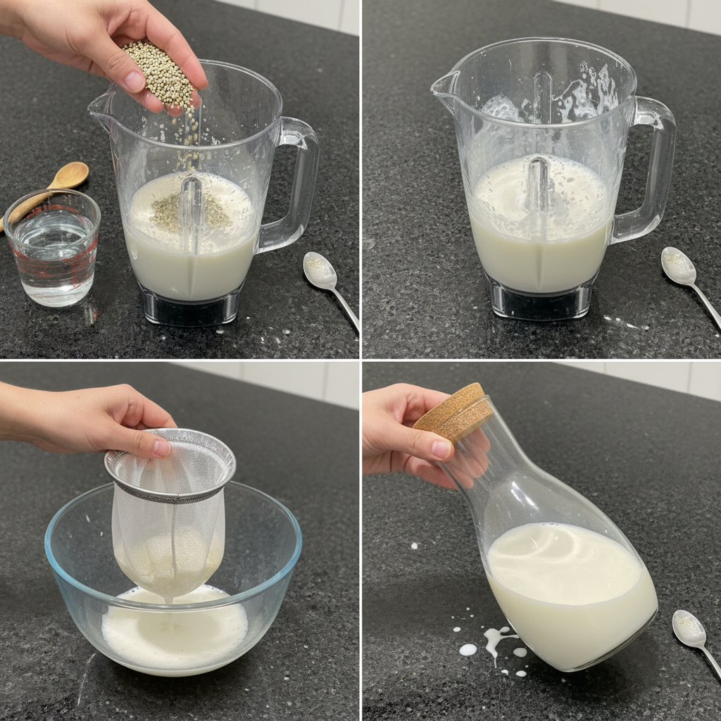 Blending hemp seeds to create homemade hemp milk.