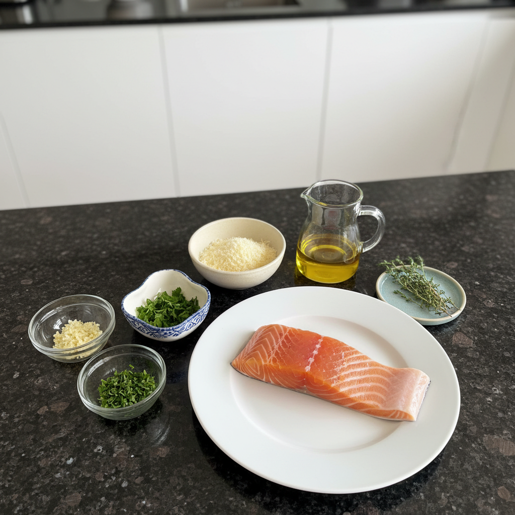 Fresh ingredients for herb-crusted salmon, ready for Valentine's dinner.