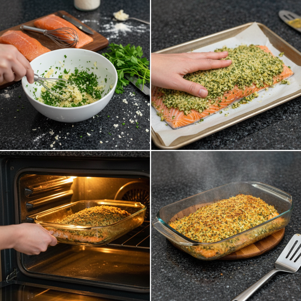 Preparing herb-crusted salmon for a romantic Valentine's meal.