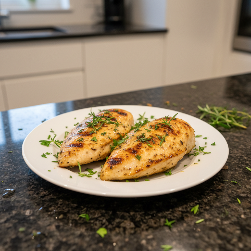 A stack of fluffy pancakes topped with banana slices, almonds, chia seeds, and maple syrup, served with a glass of orange juice.