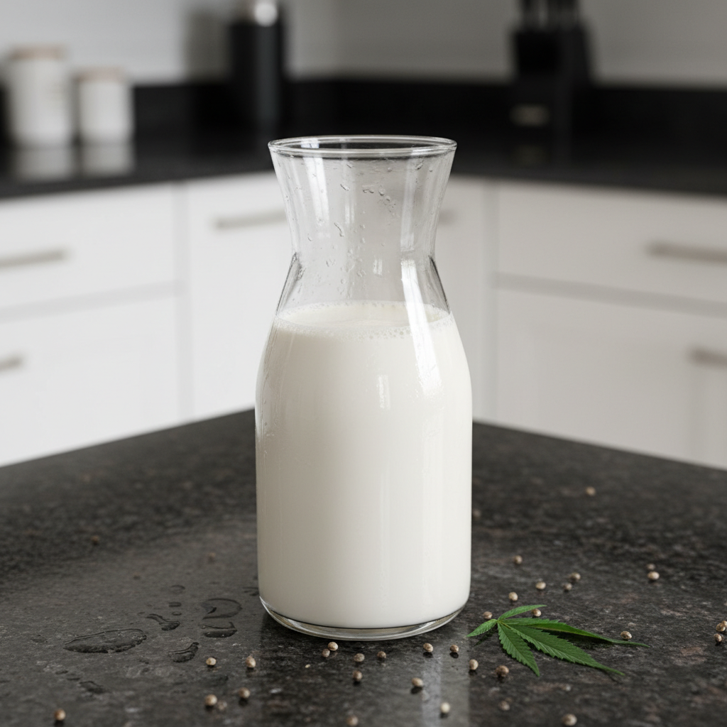 A stack of fluffy pancakes topped with banana slices, almonds, chia seeds, and maple syrup, served with a glass of orange juice.