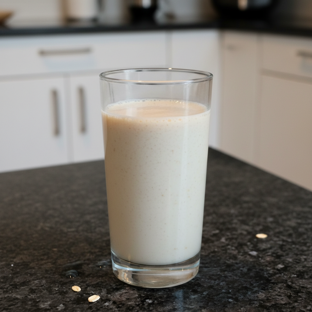 A stack of fluffy pancakes topped with banana slices, almonds, chia seeds, and maple syrup, served with a glass of orange juice.