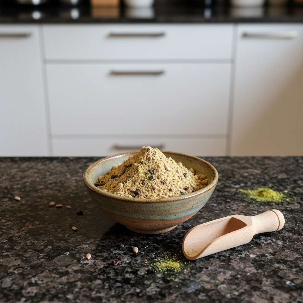 A stack of fluffy pancakes topped with banana slices, almonds, chia seeds, and maple syrup, served with a glass of orange juice.