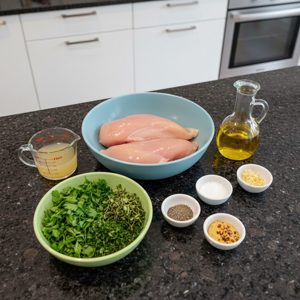 Fresh ingredients for high protein Valentine’s grilled chicken with herbs.