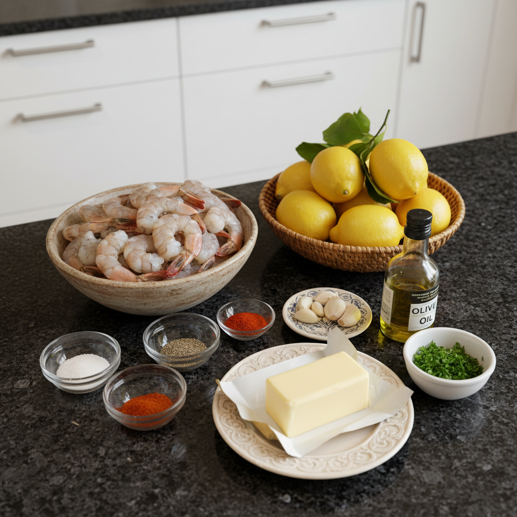 All the fresh ingredients for low carb high protein lemon garlic shrimp recipe.