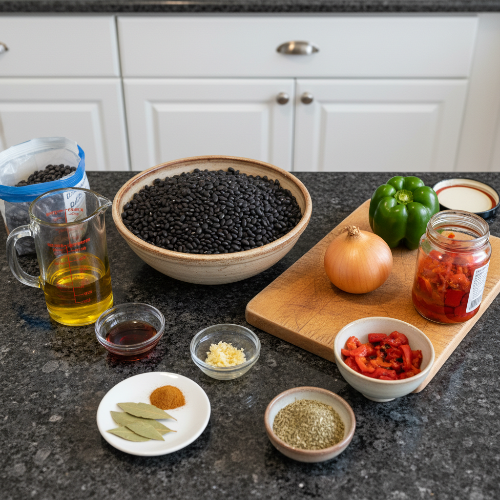 Close-up of key Instant Pot black bean soup ingredients: black beans, vegetables, and spices.