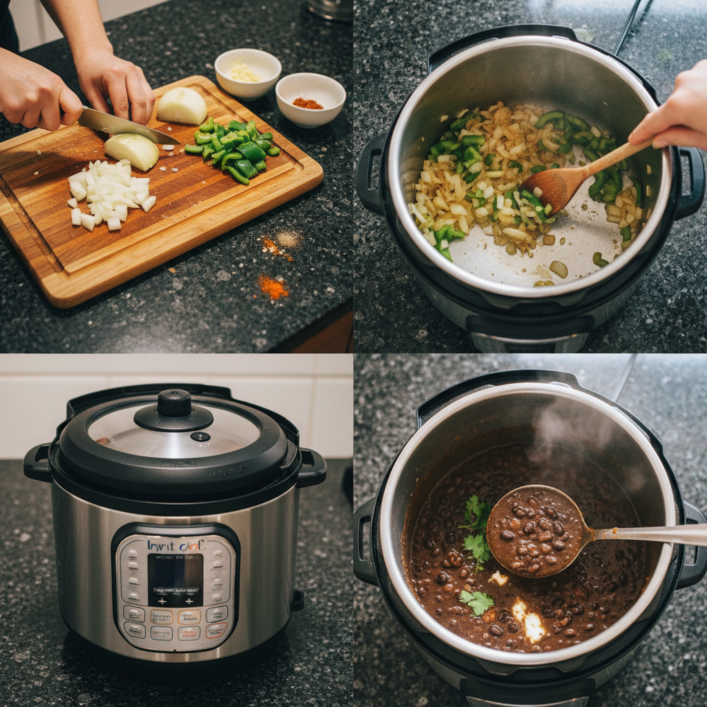 Step-by-step: Sautéing vegetables for Instant Pot black bean soup in the pressure cooker.