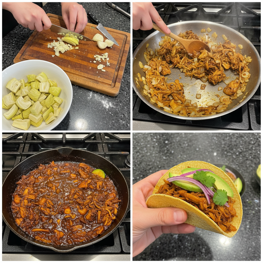 Shredded jackfruit being sautéed in a pan with spices to prepare the jackfruit tacos filling.