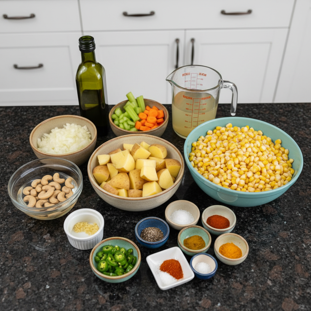 Fresh ingredients for jalapeno vegan corn chowder recipe, including corn, jalapenos, and coconut milk.