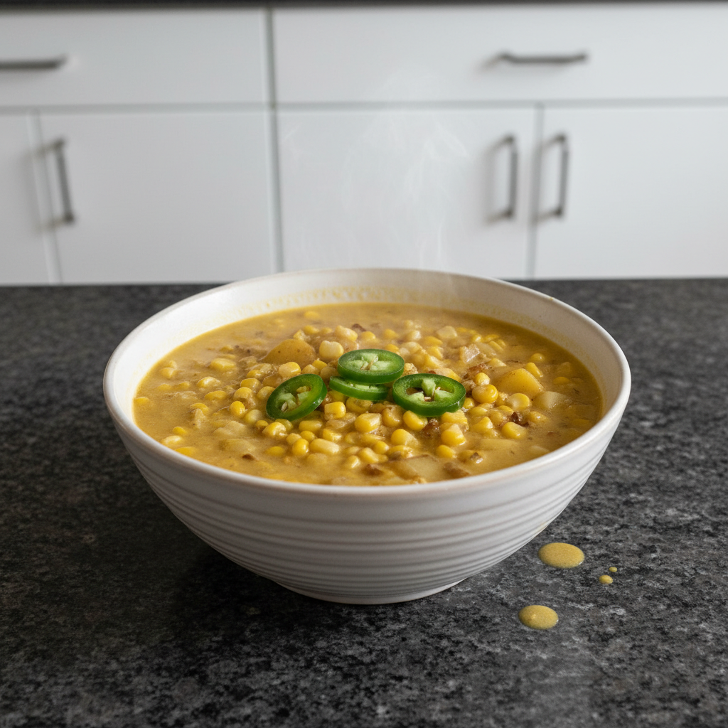 A stack of fluffy pancakes topped with banana slices, almonds, chia seeds, and maple syrup, served with a glass of orange juice.