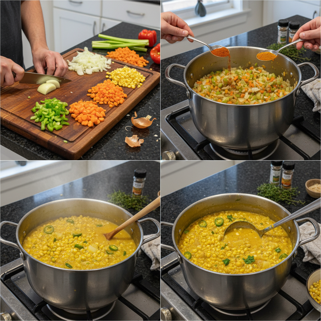 Step-by-step preparation of vegan corn chowder with sauteed vegetables and spices.