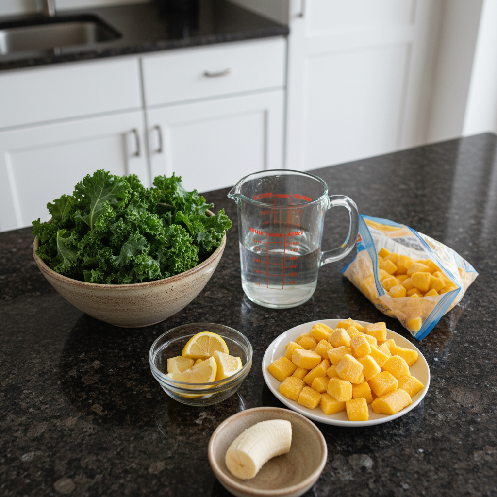 Fresh ingredients for Kale Citrus Smoothie: kale, oranges, banana, and ginger.