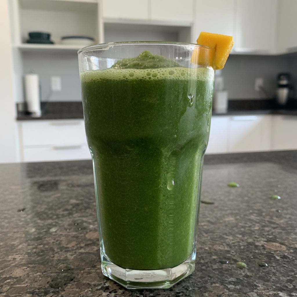 A stack of fluffy pancakes topped with banana slices, almonds, chia seeds, and maple syrup, served with a glass of orange juice.