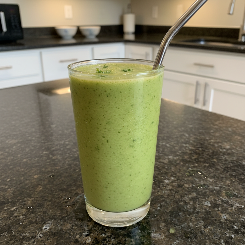 A stack of fluffy pancakes topped with banana slices, almonds, chia seeds, and maple syrup, served with a glass of orange juice.