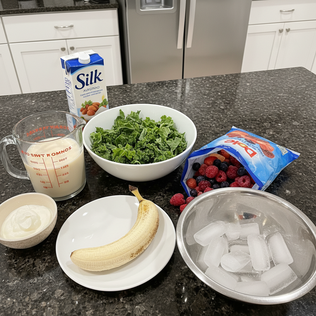 Close up of fresh kale and fruit ingredients for a green smoothie.