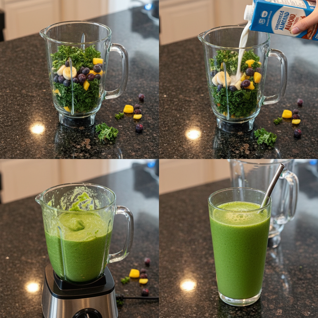 Blending kale smoothie in a blender until smooth.
