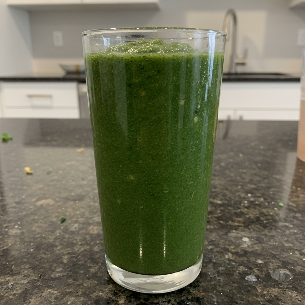 A stack of fluffy pancakes topped with banana slices, almonds, chia seeds, and maple syrup, served with a glass of orange juice.