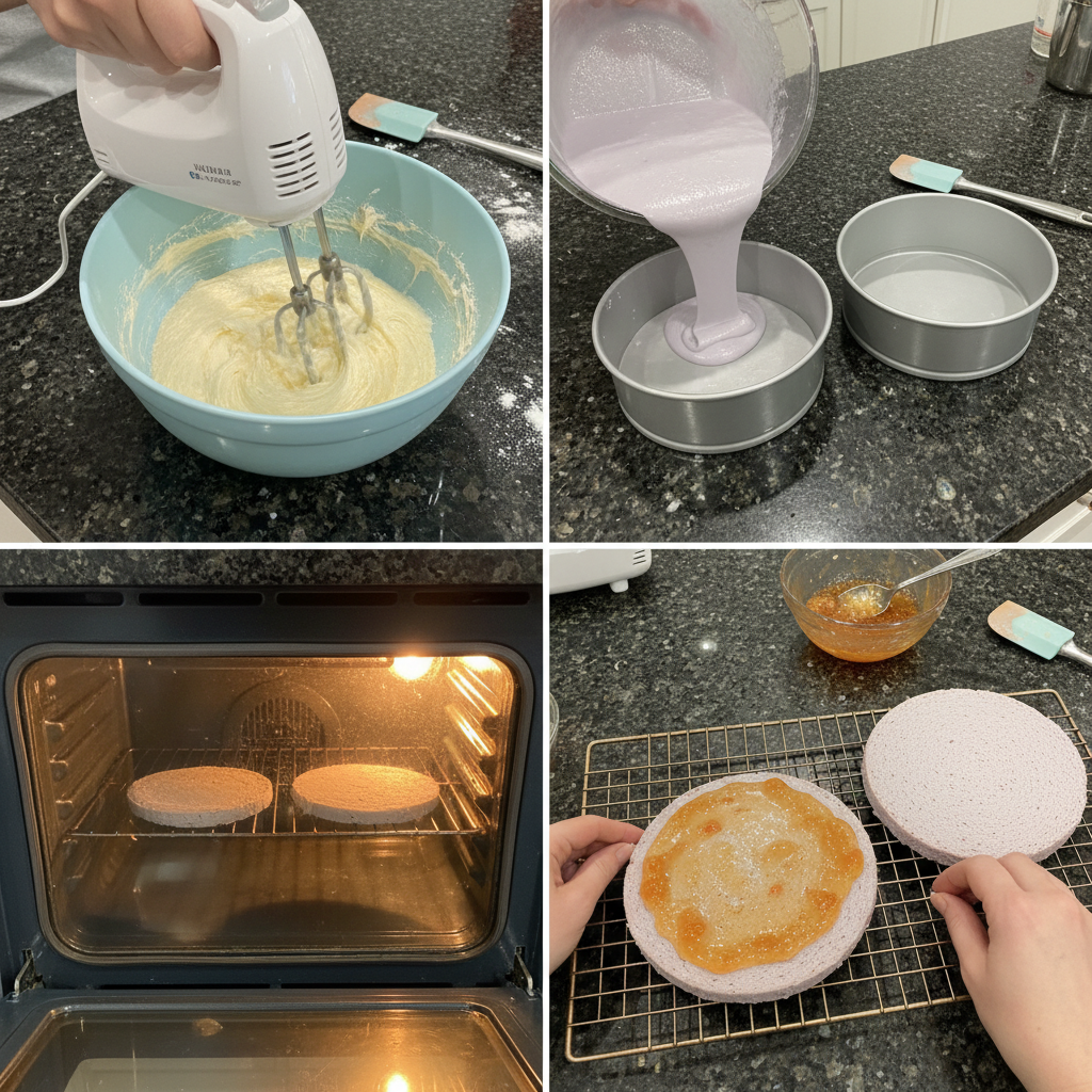 Step-by-step preparation of the lavender and peach Valentine cake.