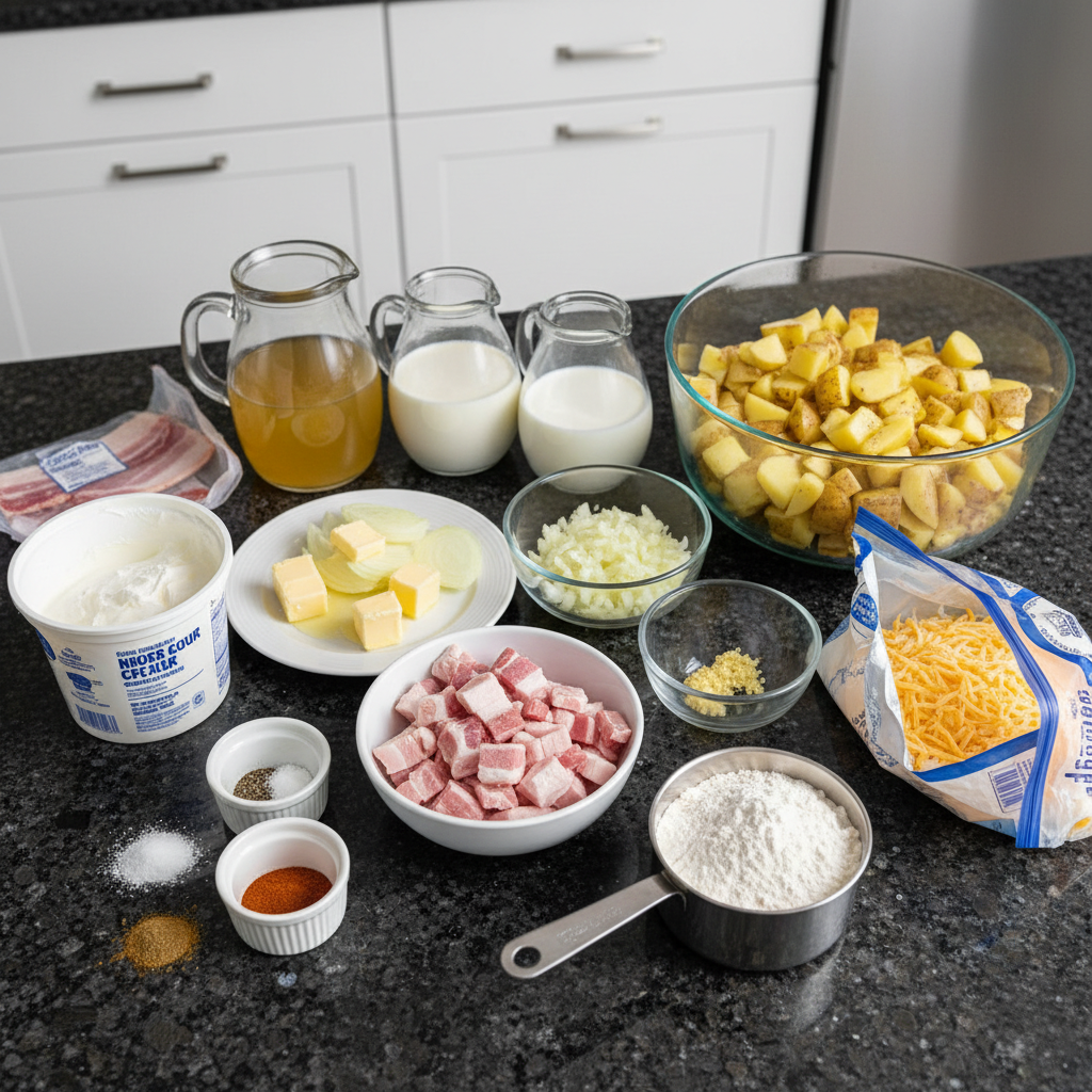 All the ingredients needed to make loaded potato soup recipe on a wooden table.
