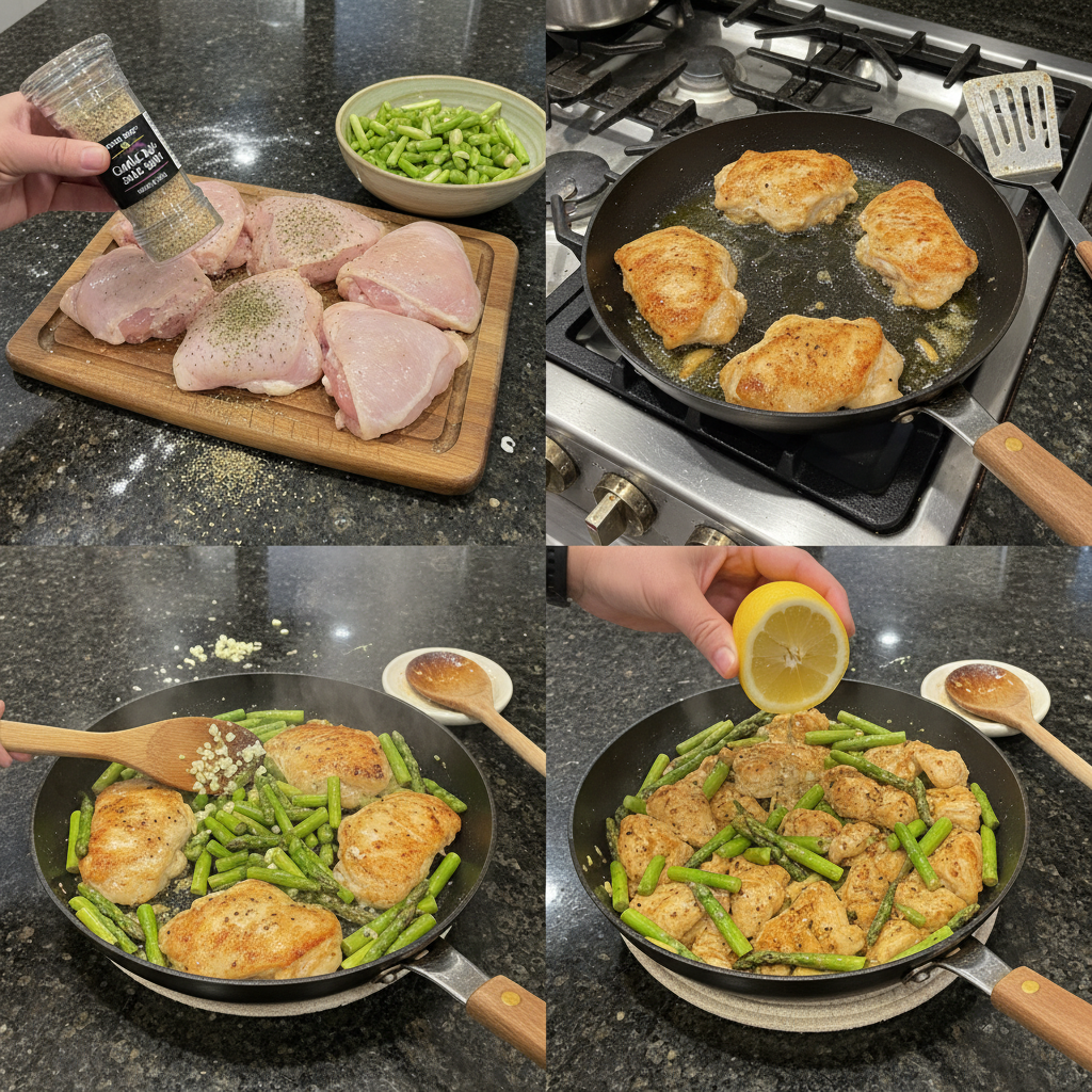 Preparing low carb chicken and asparagus skillet in the kitchen.