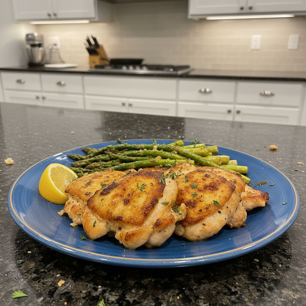 A stack of fluffy pancakes topped with banana slices, almonds, chia seeds, and maple syrup, served with a glass of orange juice.