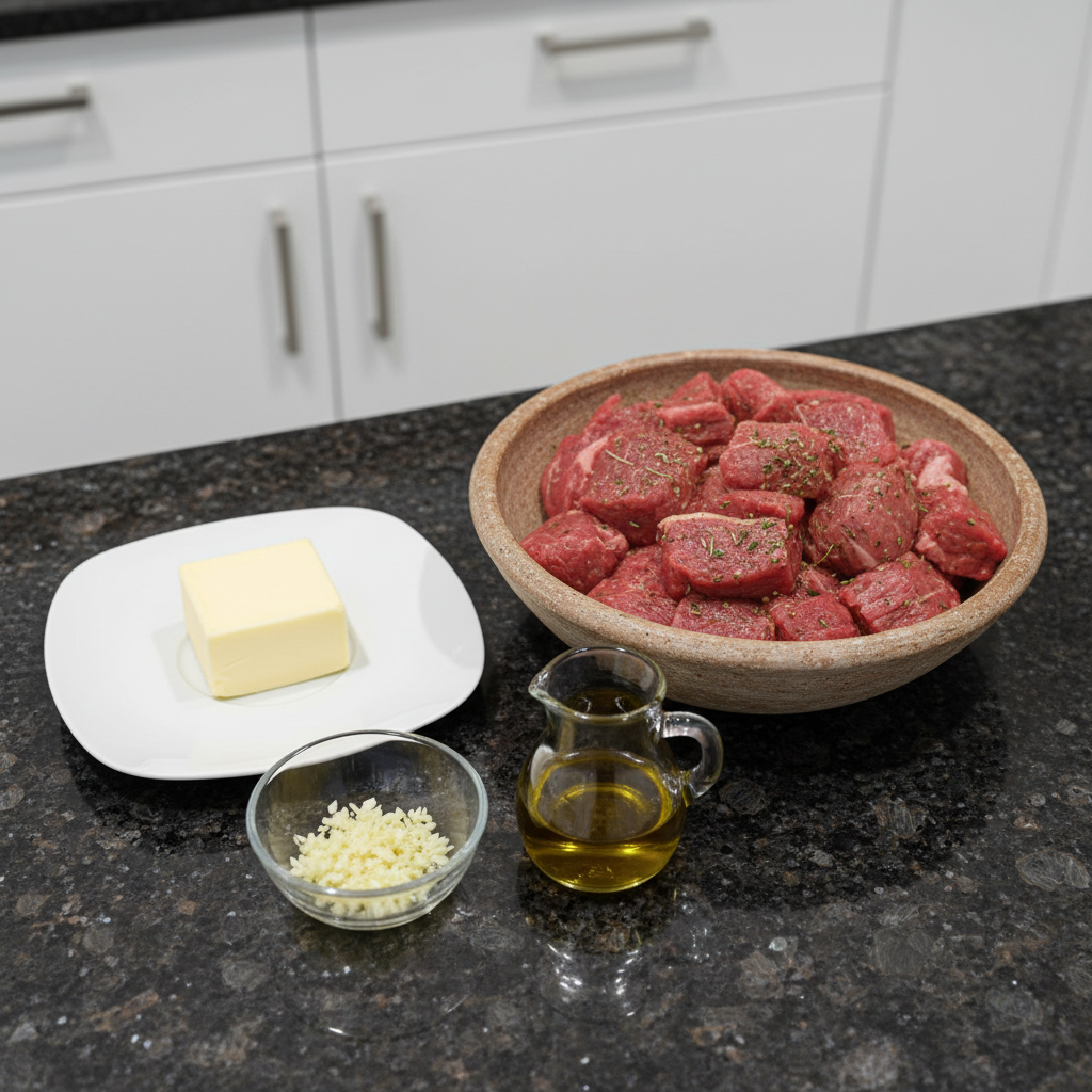 Fresh ingredients for Valentine’s low carb garlic butter steak, including steak, butter, garlic, and herbs.