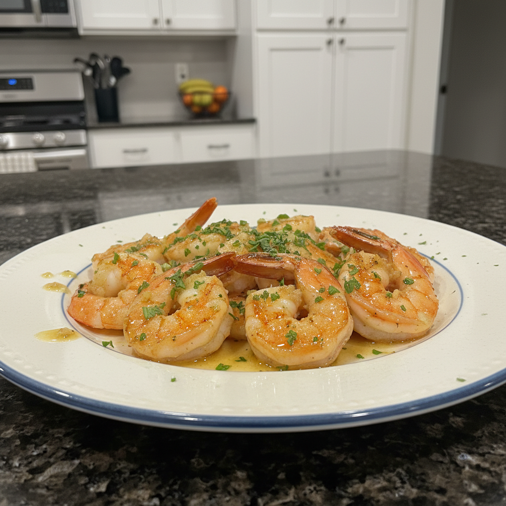A stack of fluffy pancakes topped with banana slices, almonds, chia seeds, and maple syrup, served with a glass of orange juice.