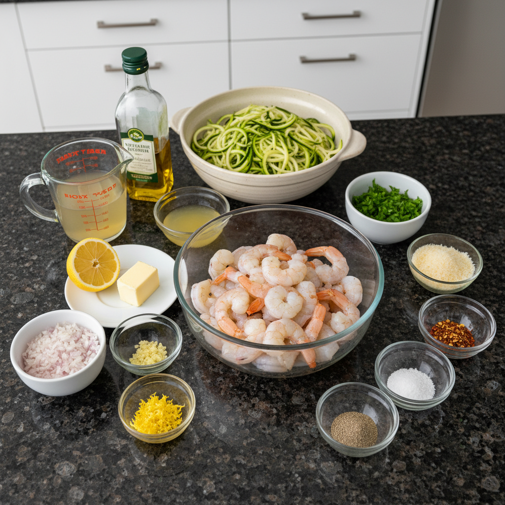 Ingredients for low carb shrimp scampi with zucchini noodles, laid out on a wooden surface.
