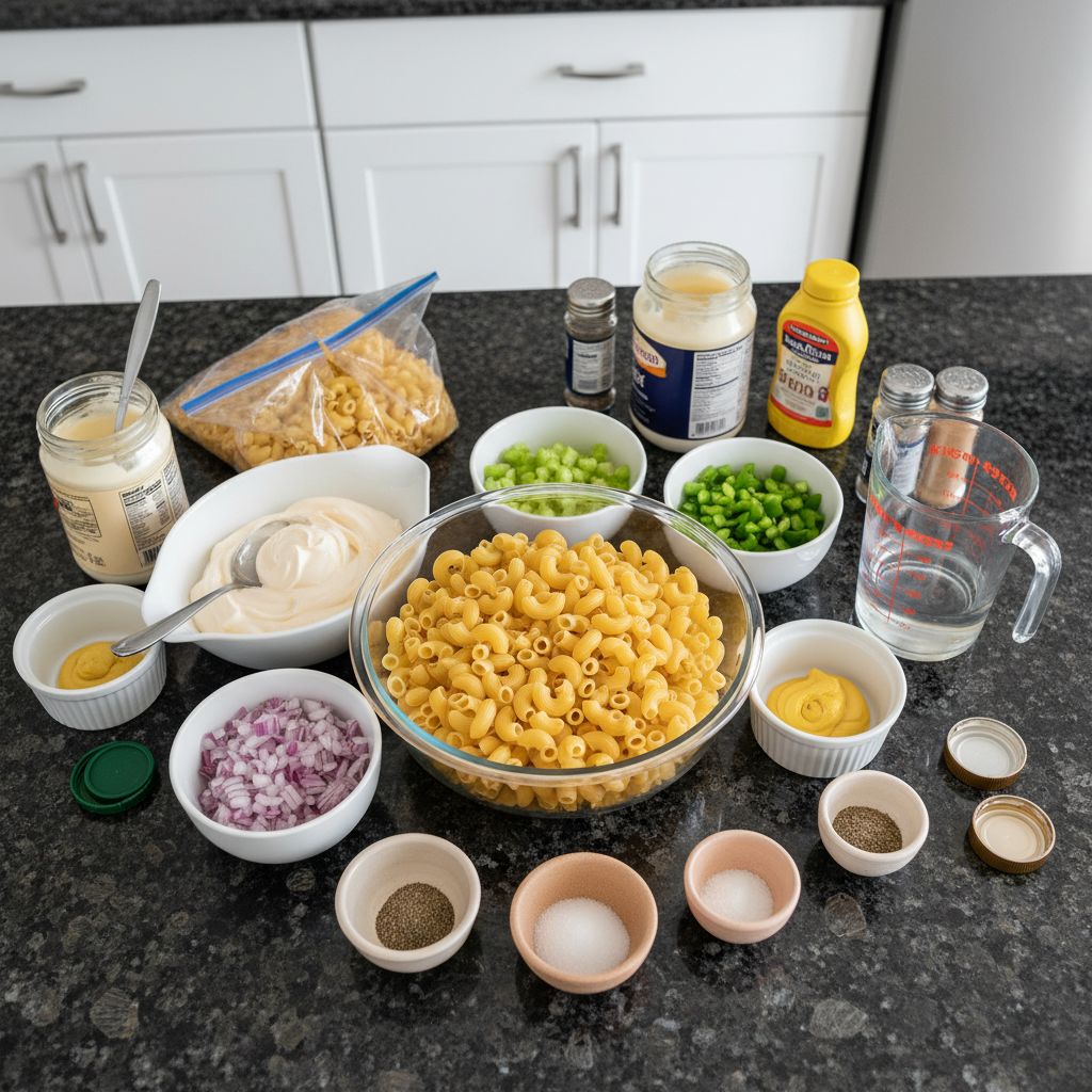 Fresh ingredients for a macaroni salad recipe, including pasta and vegetables.