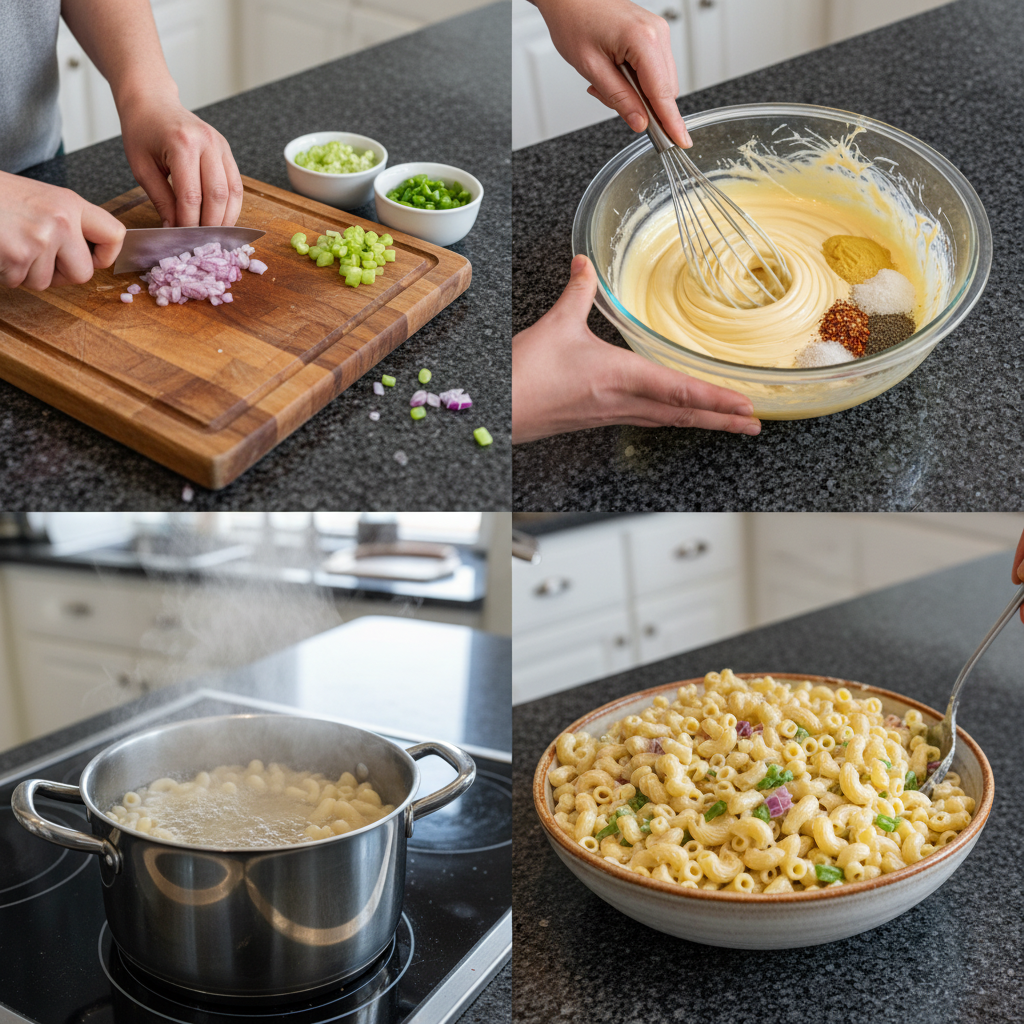 Step-by-step prep for macaroni salad recipe showing mixing ingredients.