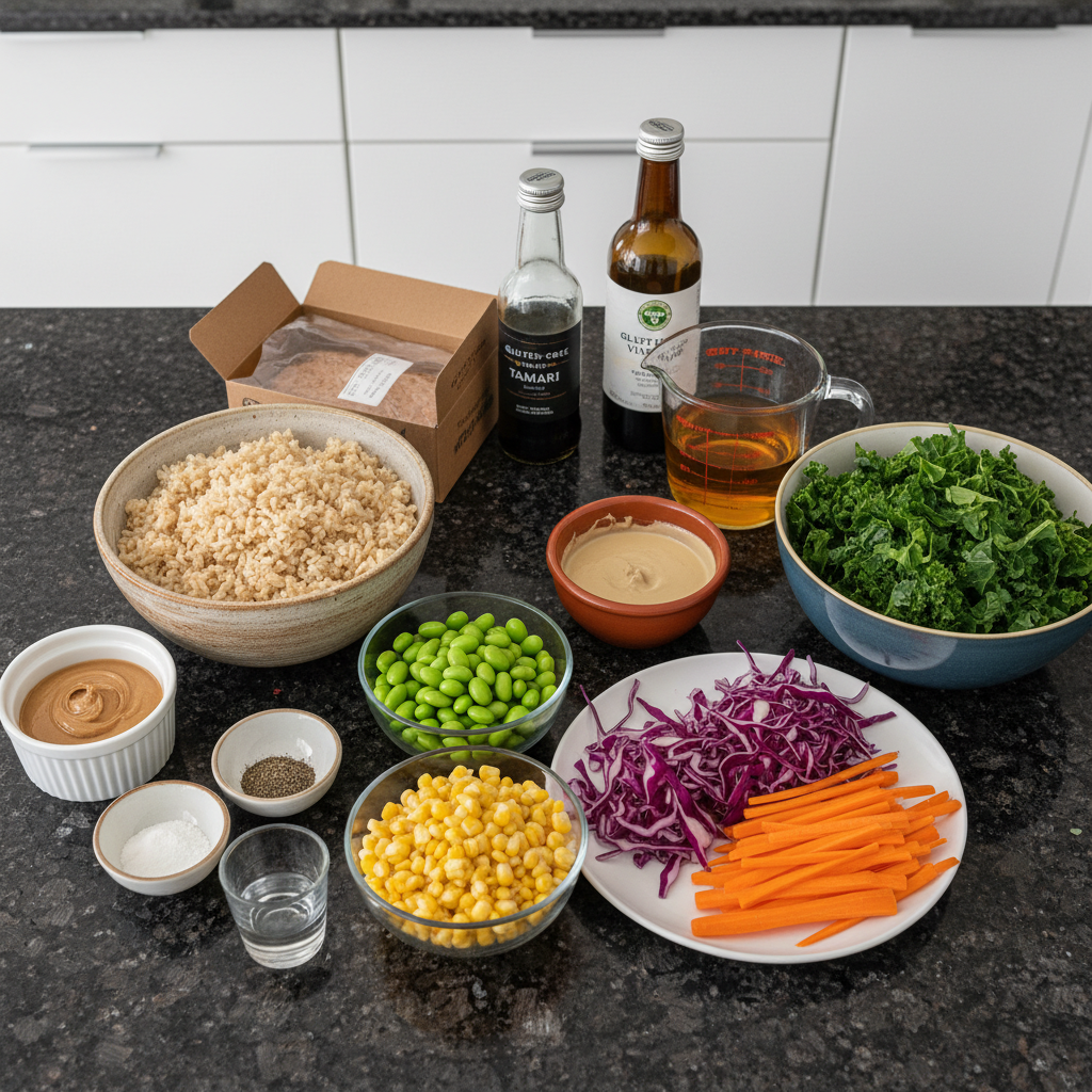 Marinated tempeh bowl ingredients displayed, colorful and fresh.