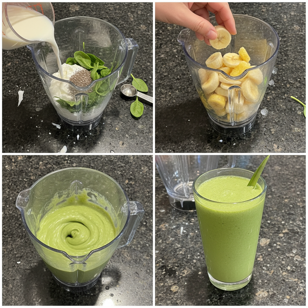 Blending the pineapple green smoothie in a high-speed blender.