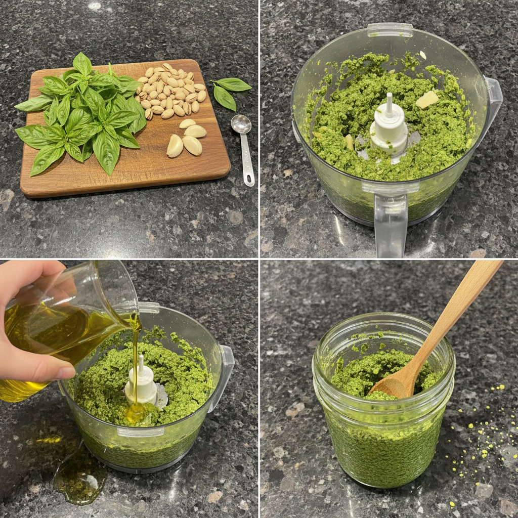 Close-up of blending fresh ingredients for homemade Pistachio Pesto.
