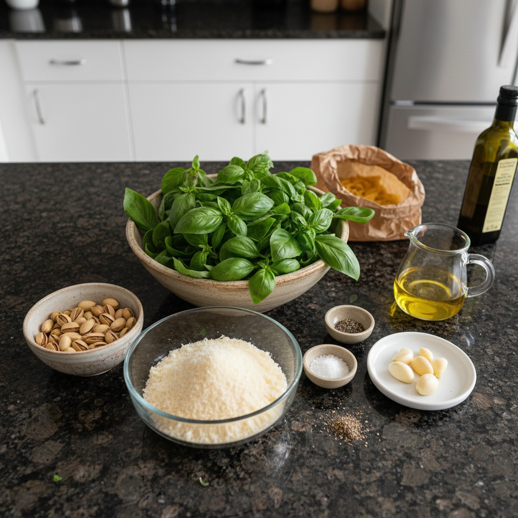 Overhead shot of fresh ingredients for homemade Pistachio Pesto recipe.