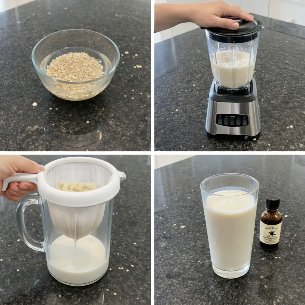 homemade-oat-milk-blending Blending oats and water for homemade oat milk; a simple DIY process shown.