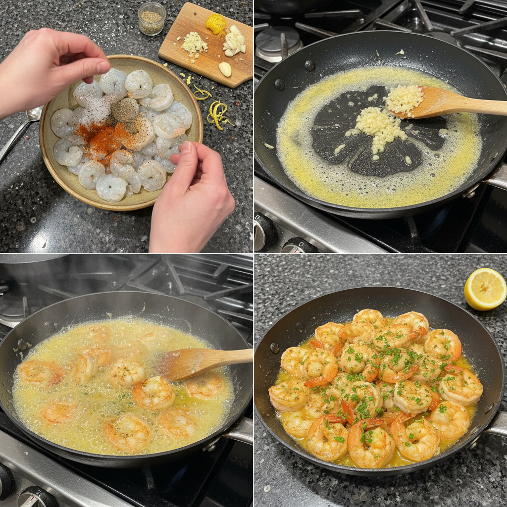 Step-by-step preparation of low carb high protein shrimp with lemon garlic.