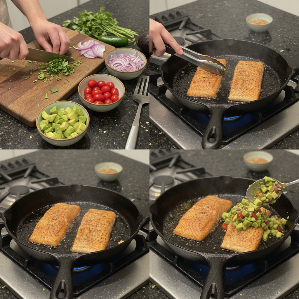 Preparing romantic keto salmon with fresh avocado for a special keto meal.