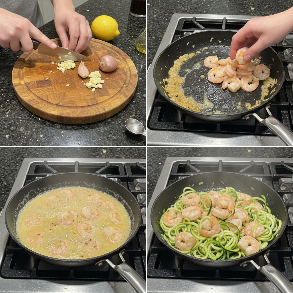 Shrimp scampi with zucchini noodles being prepared in a skillet on the stovetop.
