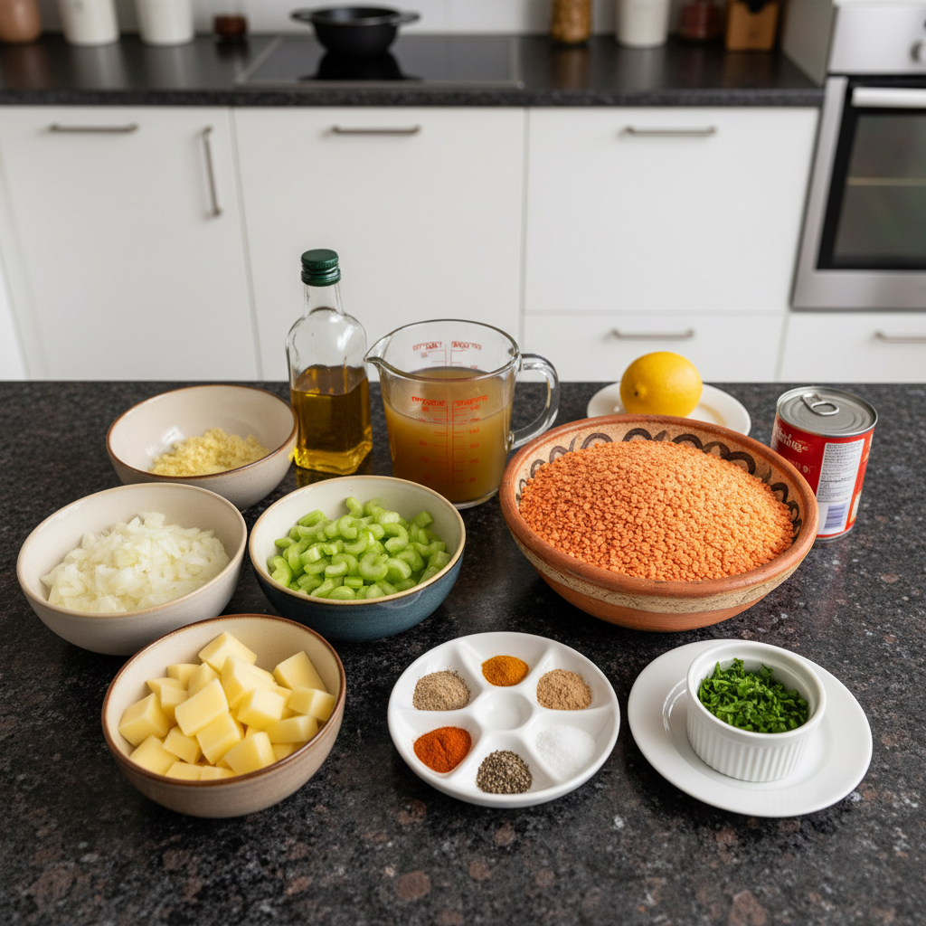 Close-up of the fresh ingredients for red lentil soup, including lentils, carrots, and spices.