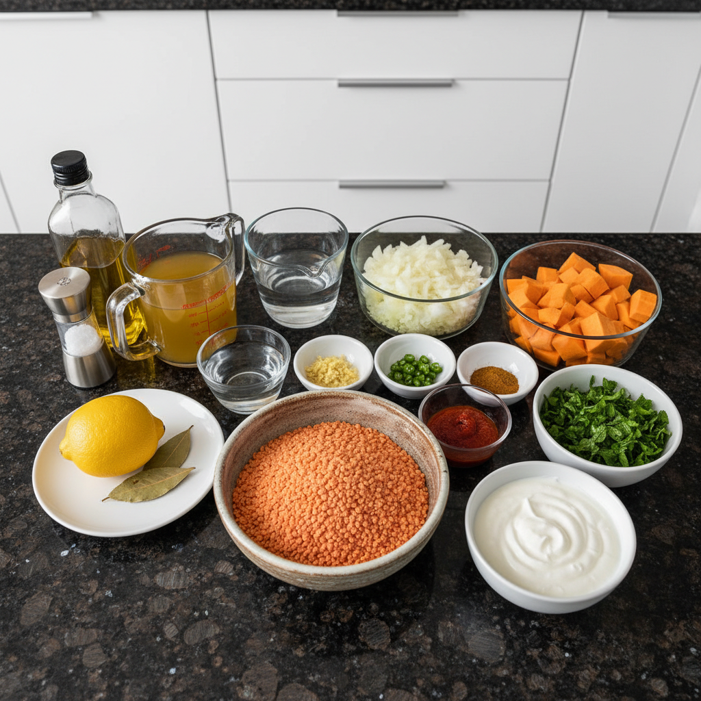 Gathered ingredients for making delicious and healthy red lentil soup recipe.