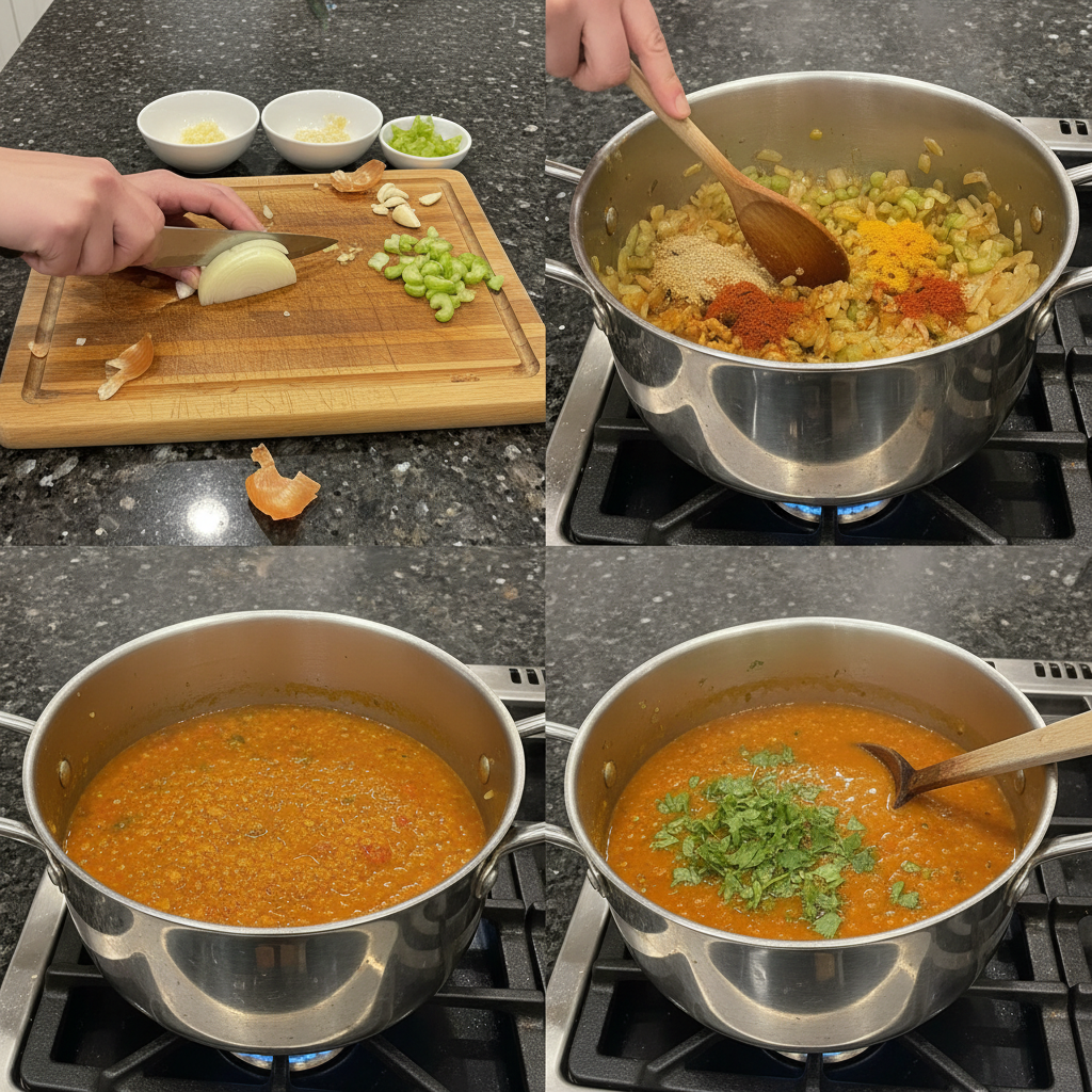 Step-by-step photo showing how to prepare the red lentil soup ingredients in a pot.