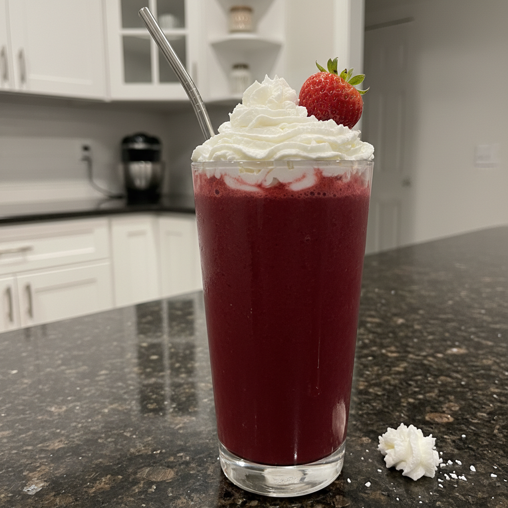 A stack of fluffy pancakes topped with banana slices, almonds, chia seeds, and maple syrup, served with a glass of orange juice.
