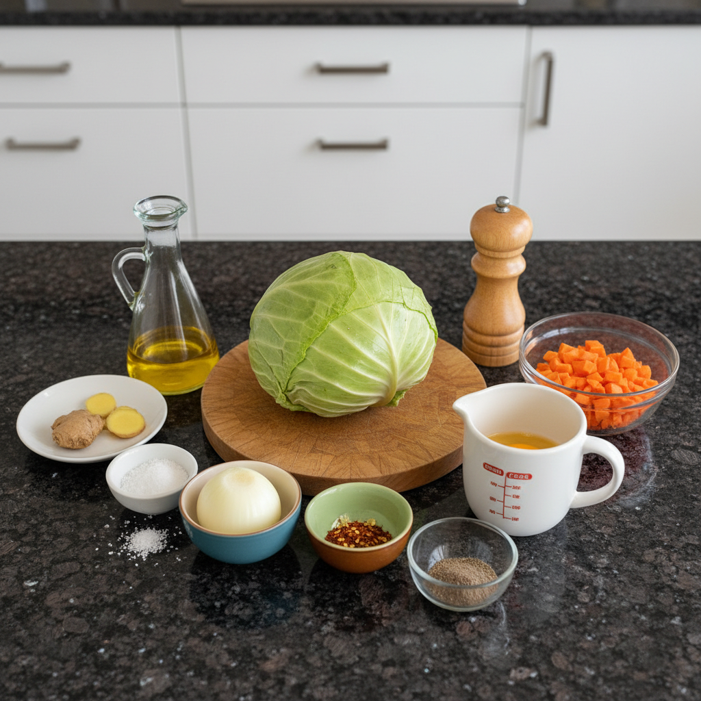 Close-up of ingredients needed to make roasted cabbage wedges.