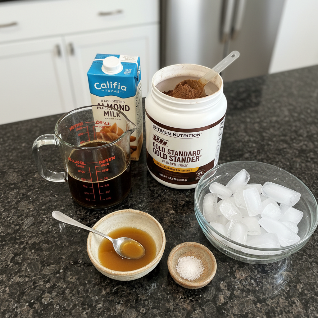 Salted caramel protein shake ingredients including protein powder, caramel, sea salt.