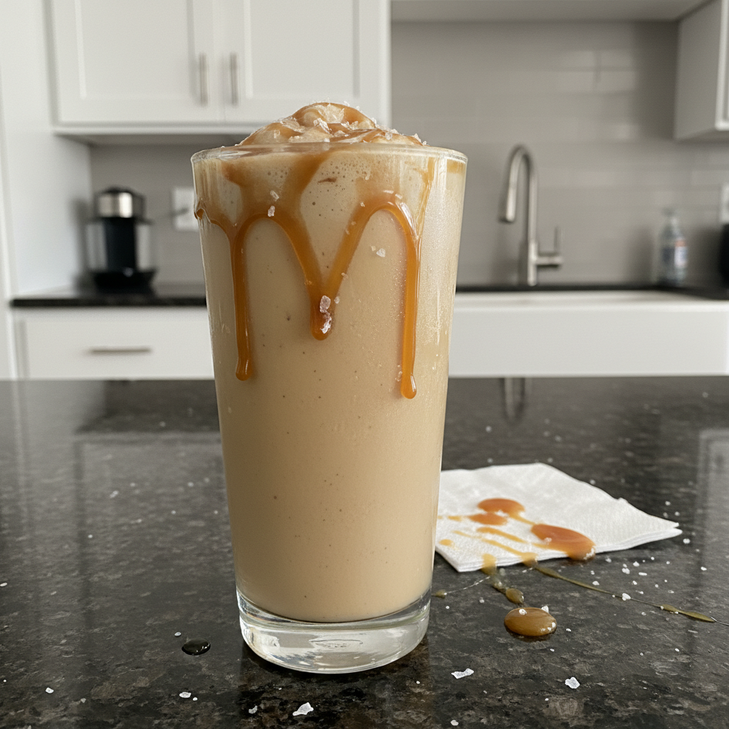 A stack of fluffy pancakes topped with banana slices, almonds, chia seeds, and maple syrup, served with a glass of orange juice.
