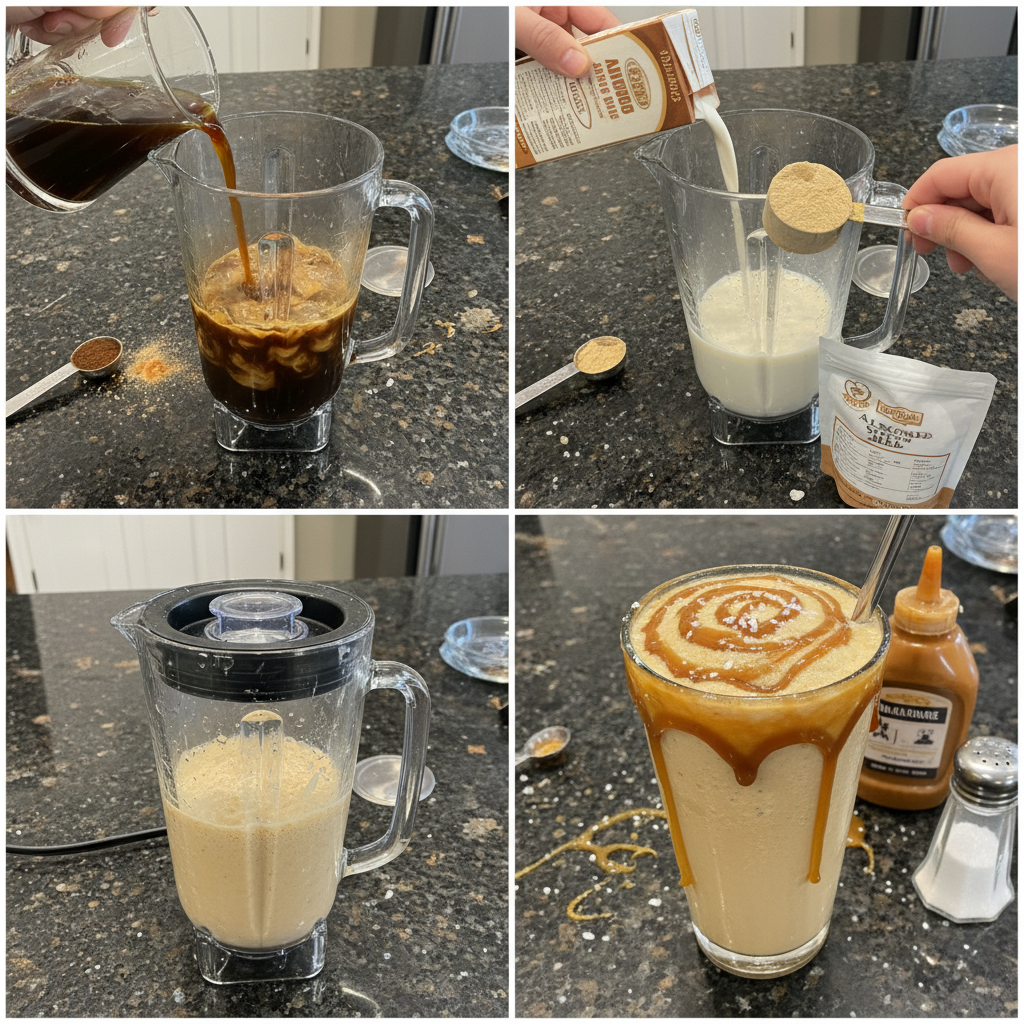 Blending a salted caramel protein shake in a blender.